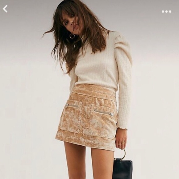 FREE PEOPLE Dust To Dust Velvet Mini Skirt Tan Lined Crushed Velvet Women's 0 - Picture 1 of 9